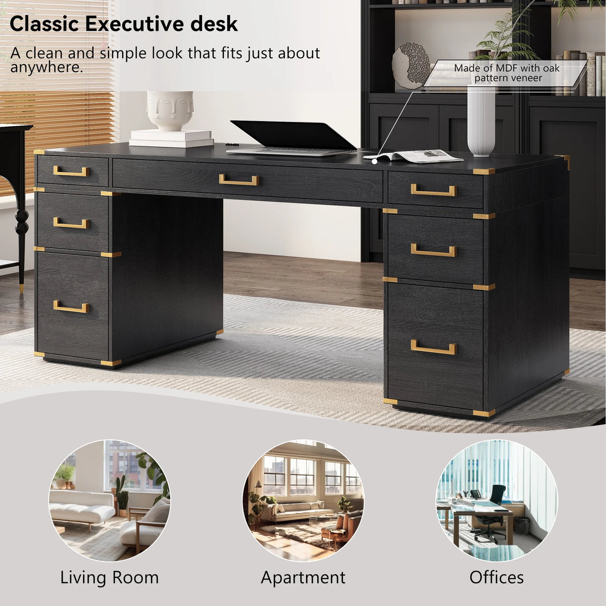 Black Executive Desk with 2 File Drawers A257