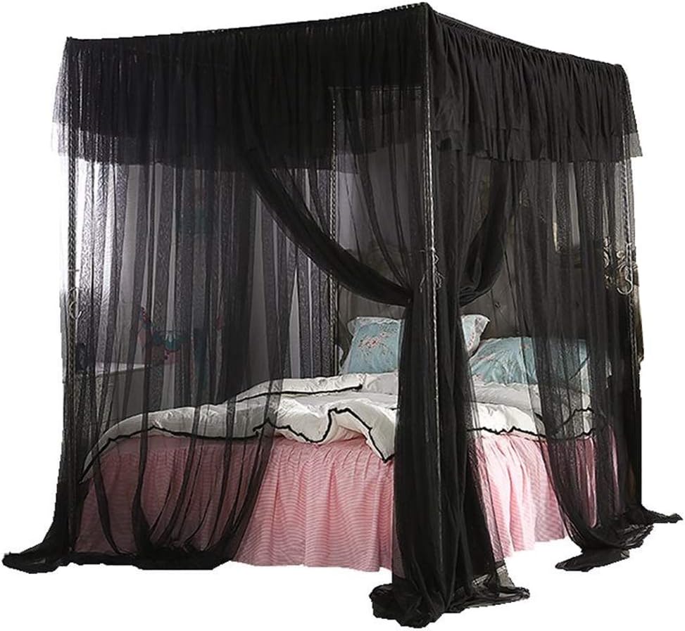 Queen Black Canopy Bed Frame with Bed Drape Netting Y683476