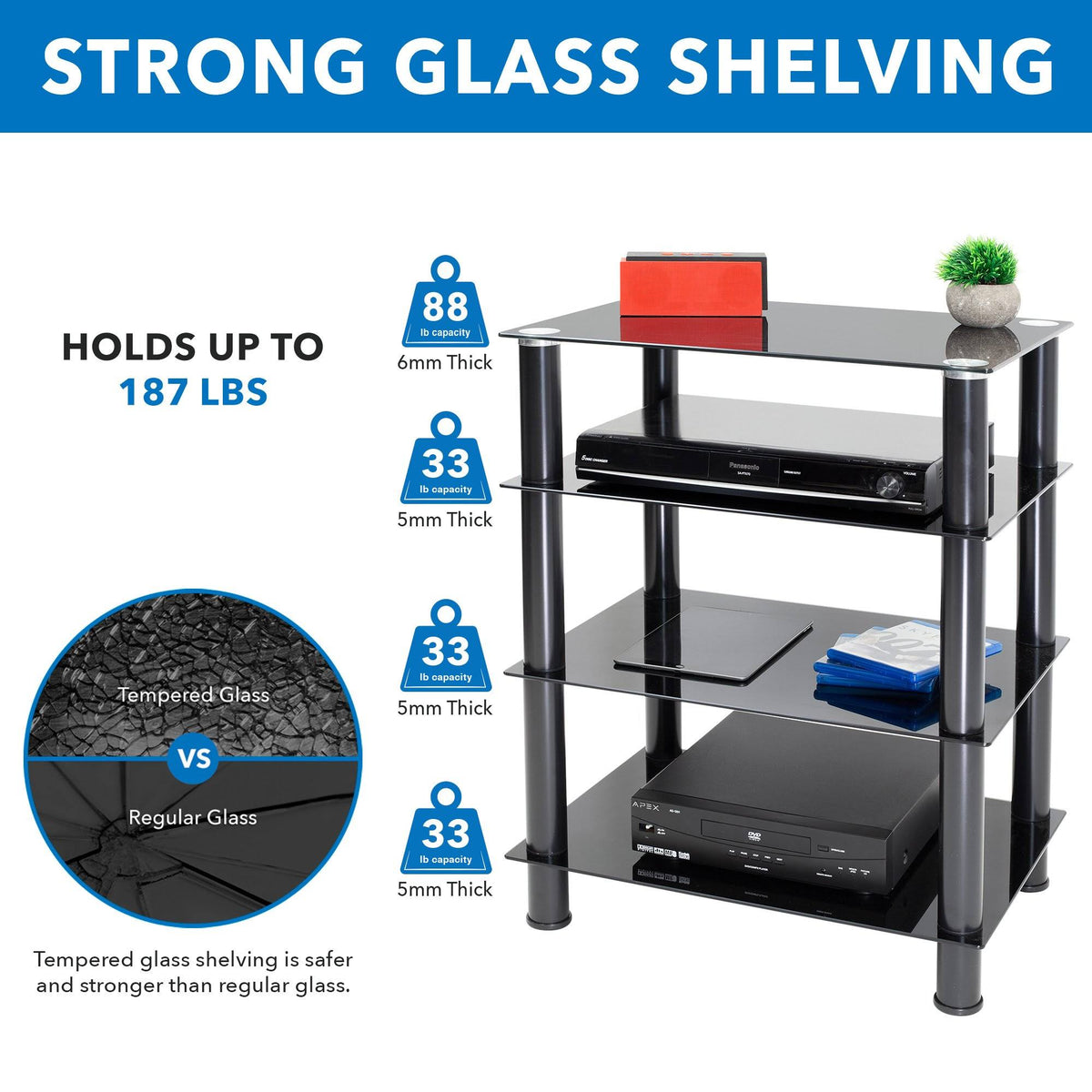 Tempered Glass 4-Tier Media Stand, Black Z15409
