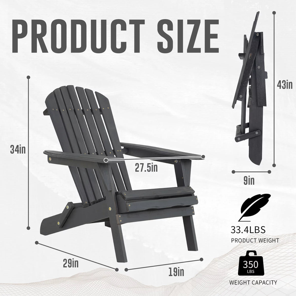 Folding Adirondack Chair Weather Resistant Wood Patio Chair Grey W95615