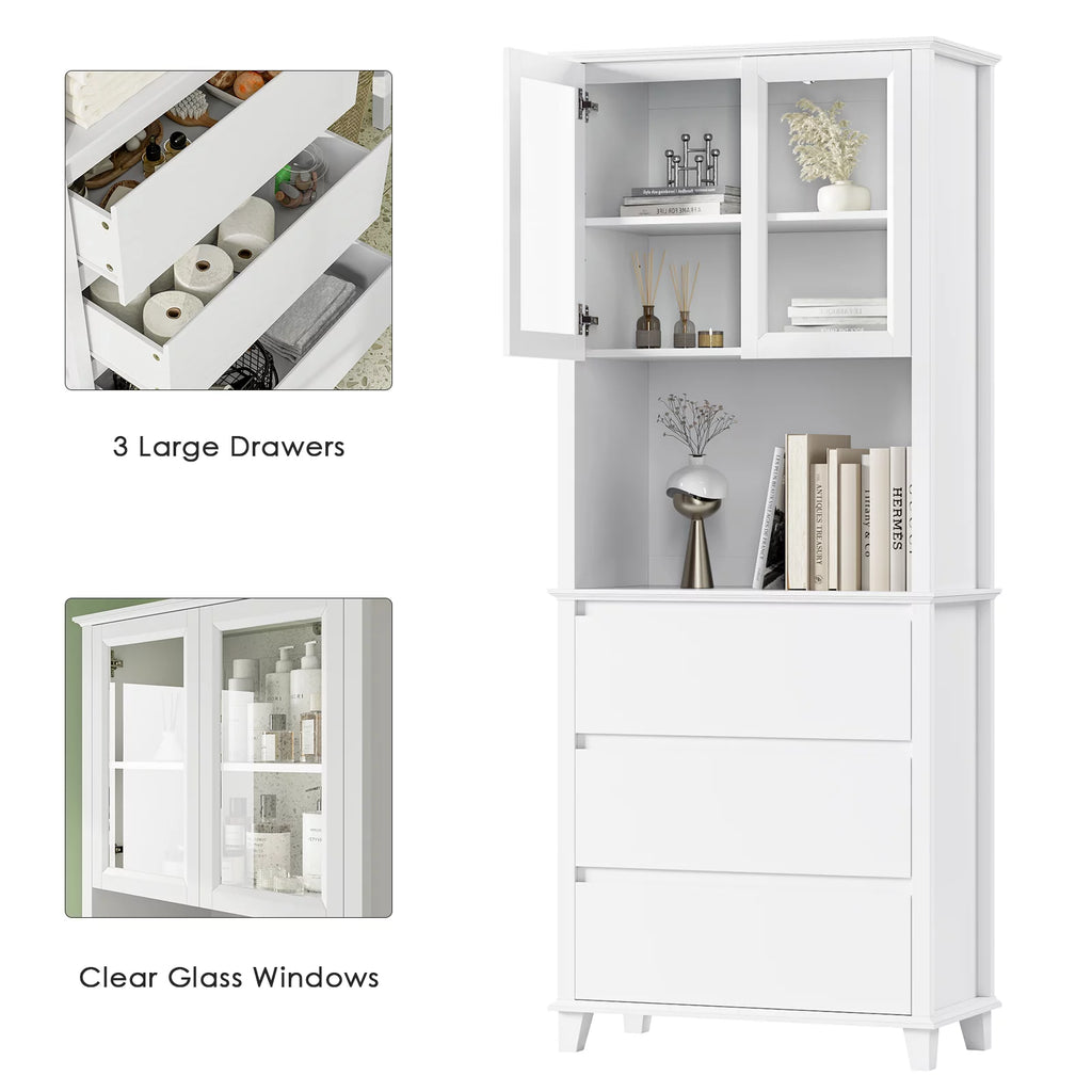 White 3 Drawer Tall Cabinet with Glass Door Q282