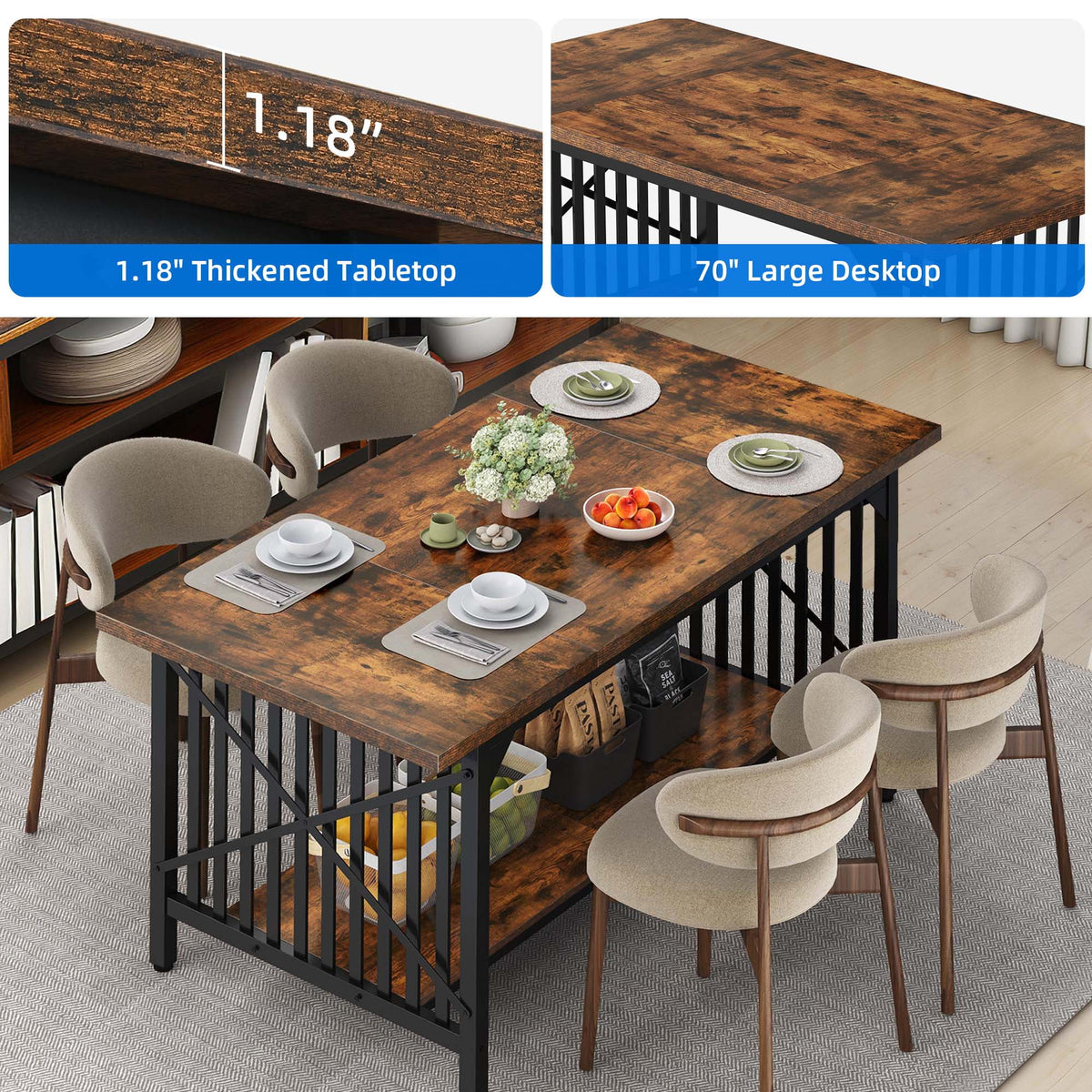 Rustic Brown Industrial Rectangular Wood Dining Table with Storage J5320