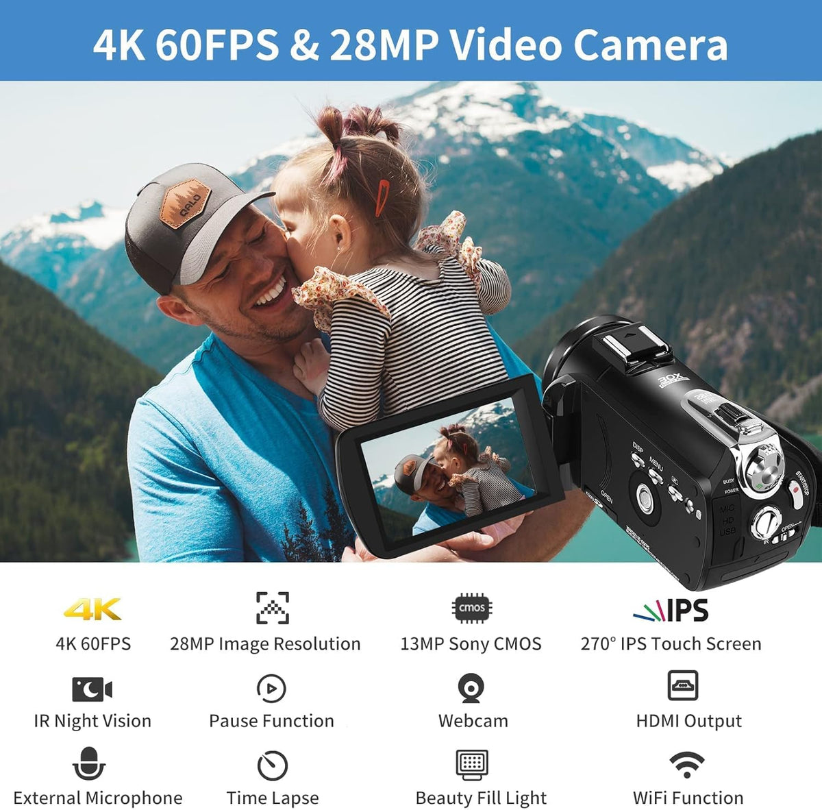 4K 1080P 60FPS Video Camcorder with 30X Zoom Infrared Night Vision Q82459