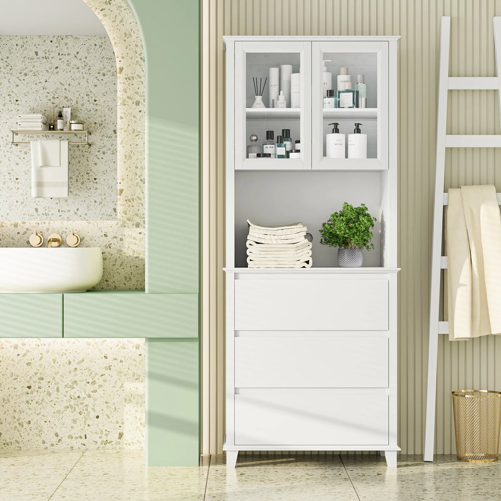 White 3 Drawer Tall Cabinet with Glass Door Q282