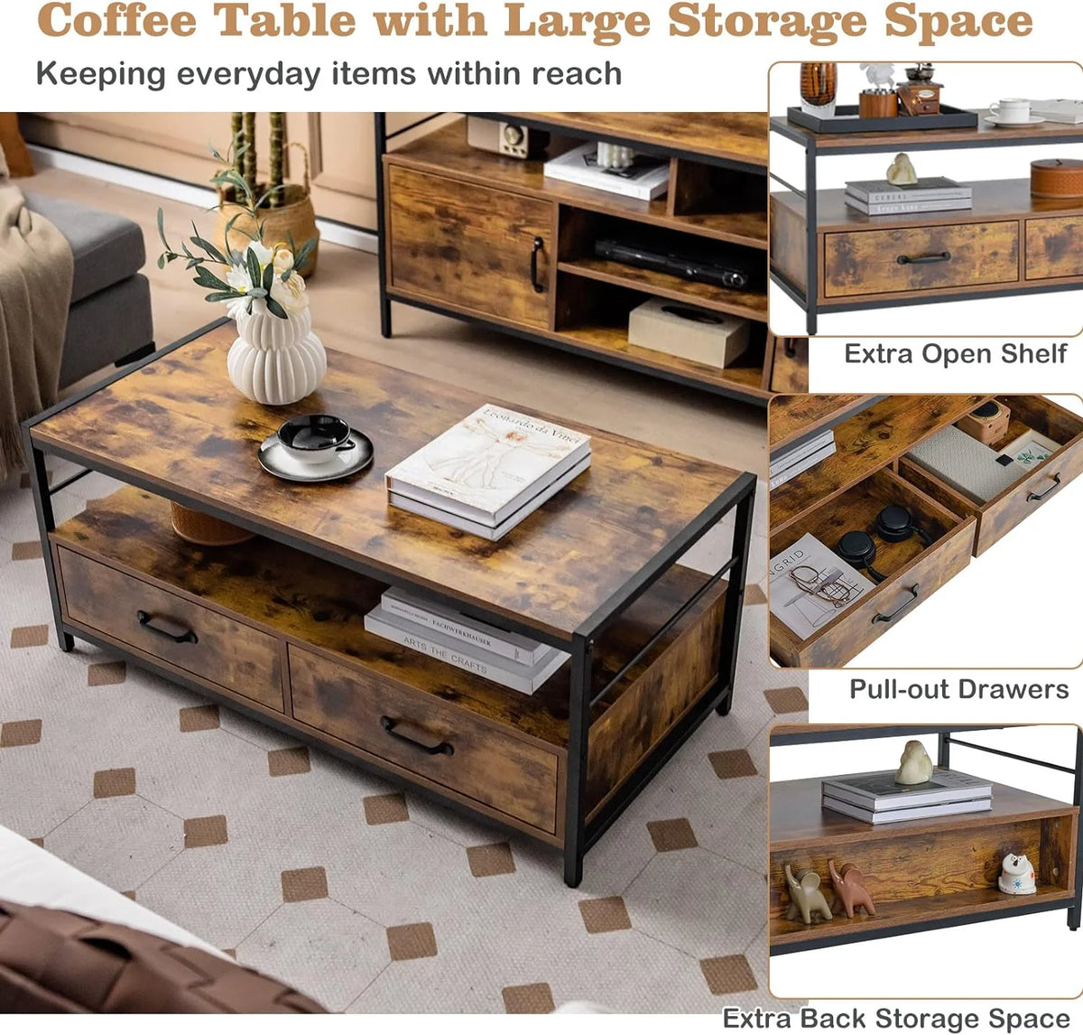 Coffee Table with Storage, Industrial Rectangular Cocktail Table, Metal Frame Wooden Accent Table C319800