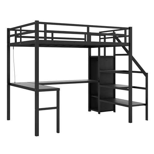 Full XL Size Black Metal Loft Bed with L-Shaped Desk and Stairs P58160
