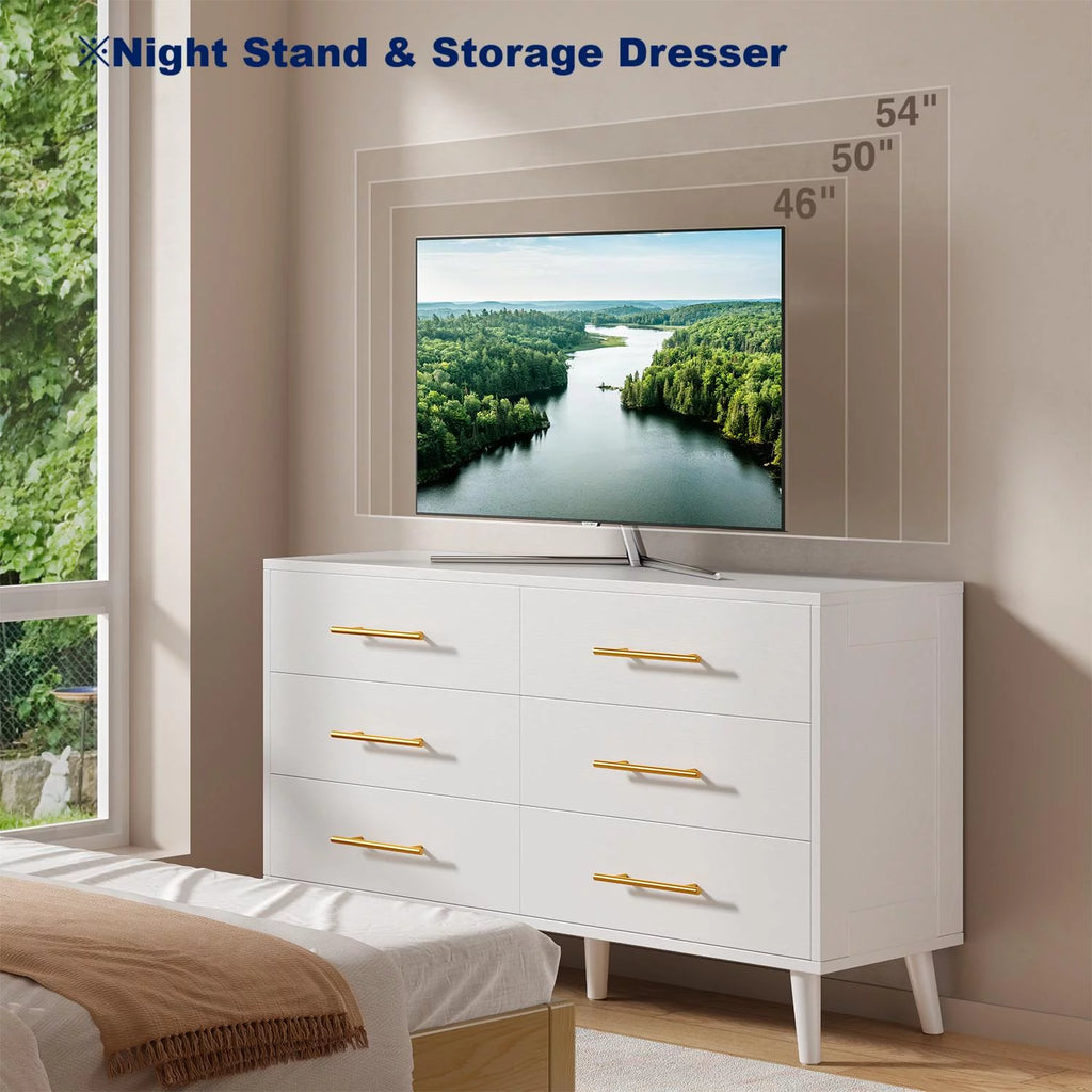 White 6 Drawer Dresser with Gold Handles B68542