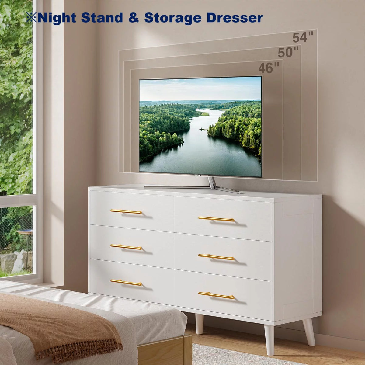 White 6 Drawer Dresser with Gold Handles B68542