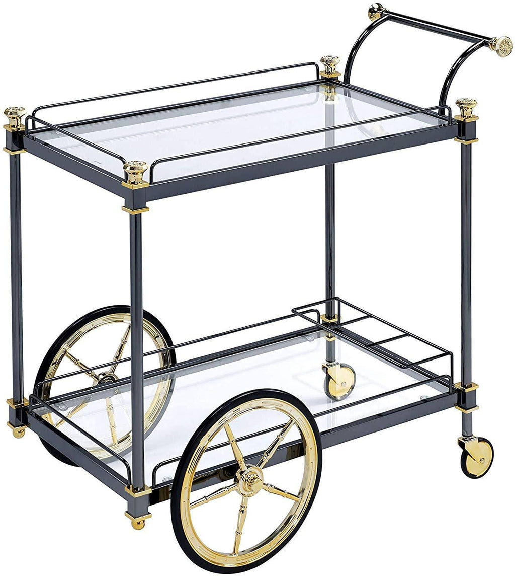 Metal Framed Serving Cart with Glass Shelves Black and Gold U7002