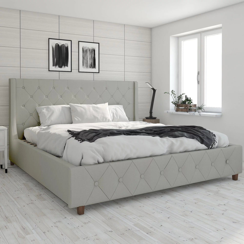 King Light Gray Linen Upholstered Bed J53110