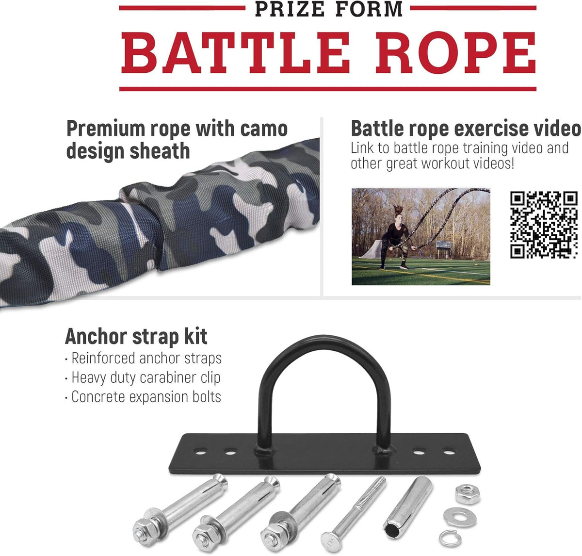 Battle Exercise Training Rope with Camo Protective Cover & Anchor Strap Kit, Poly Dacron 1.5 Inch Diameter 30ft 40ft X1704
