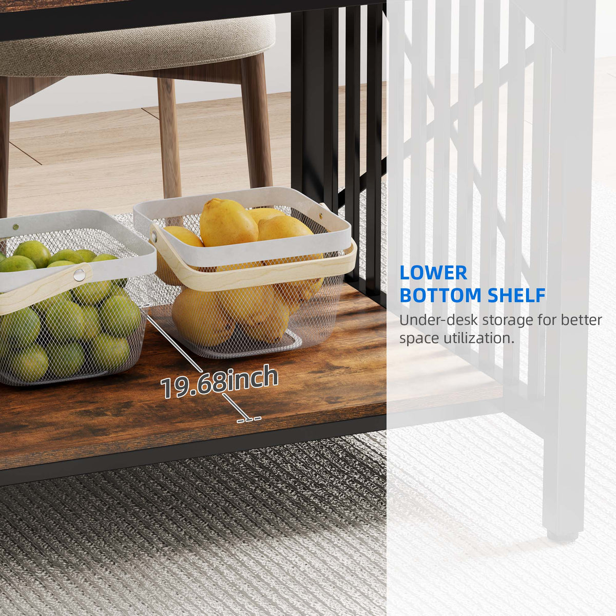 Rustic Brown Industrial Rectangular Wood Dining Table with Storage J5320