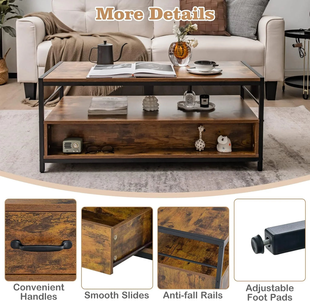 Coffee Table with Storage, Industrial Rectangular Cocktail Table, Metal Frame Wooden Accent Table C319800
