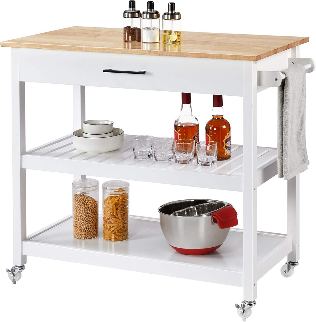 White 3 Tier Rolling Kitchen Cart with Solid Wood Countertop A885
