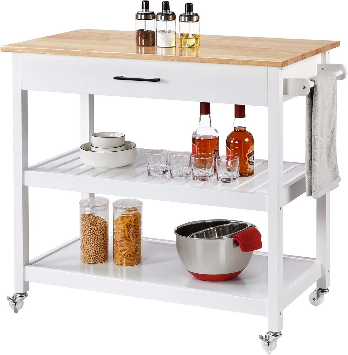 White 3 Tier Rolling Kitchen Cart with Solid Wood Countertop A885