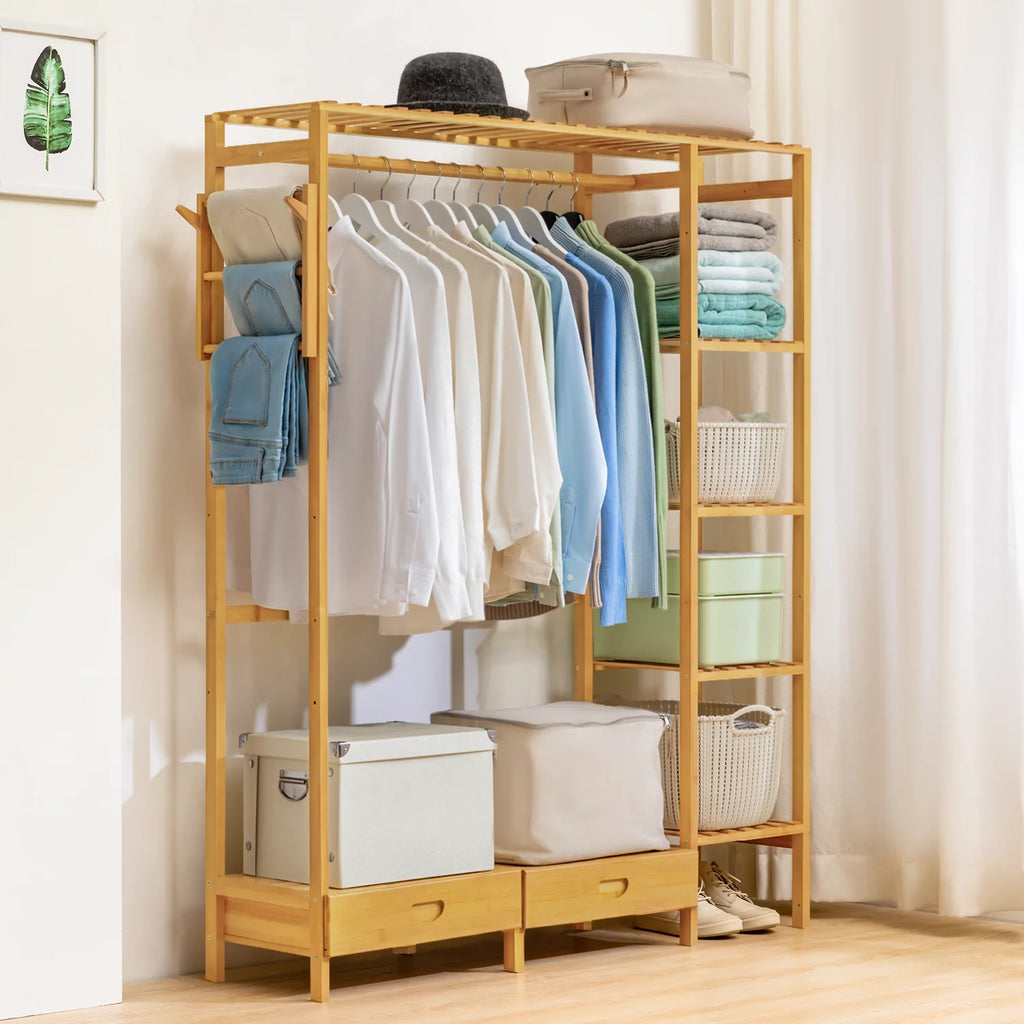 Bamboo 2 Drawers Coat Pants Rack Wardrobe V2788