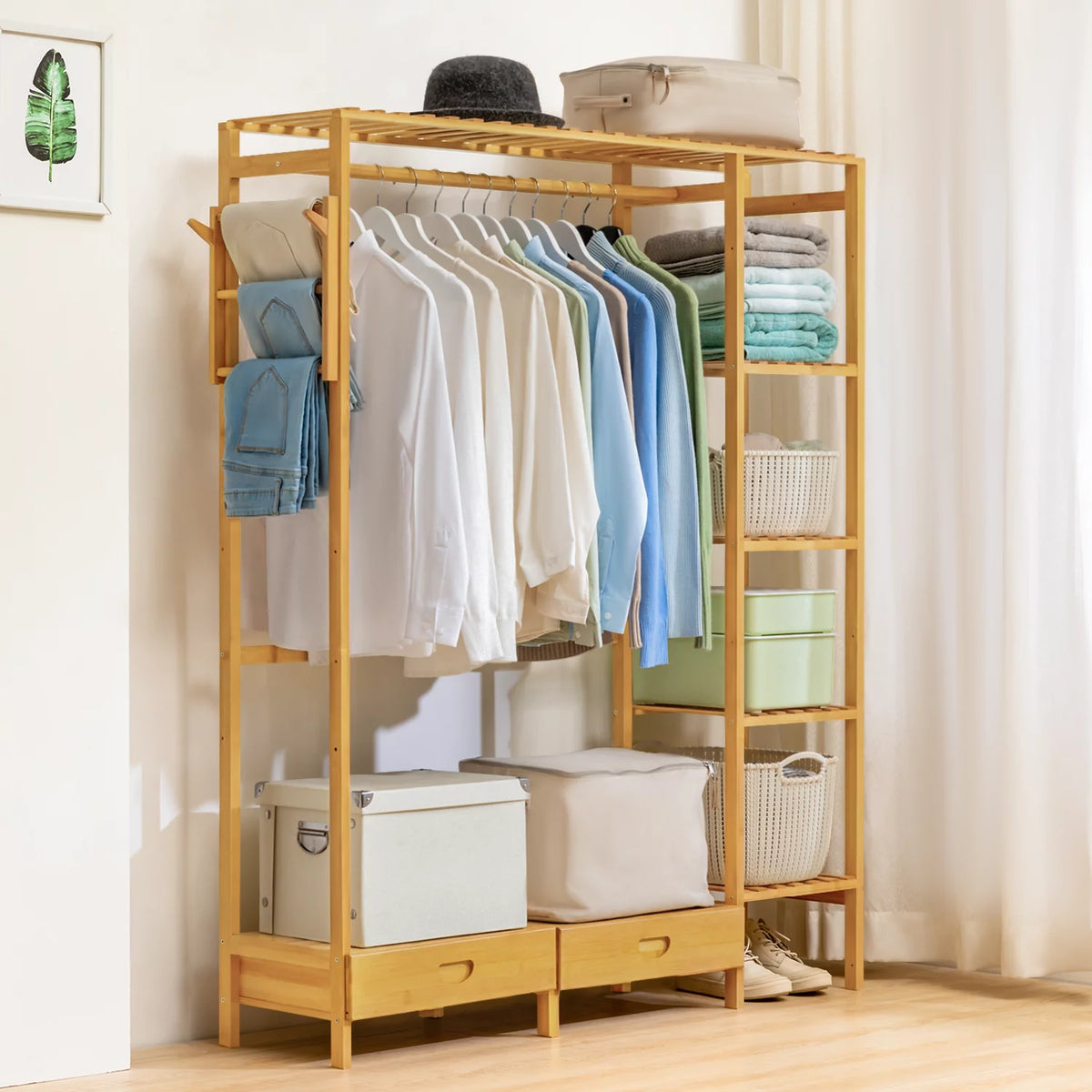 Bamboo 2 Drawers Coat Pants Rack Wardrobe V2788