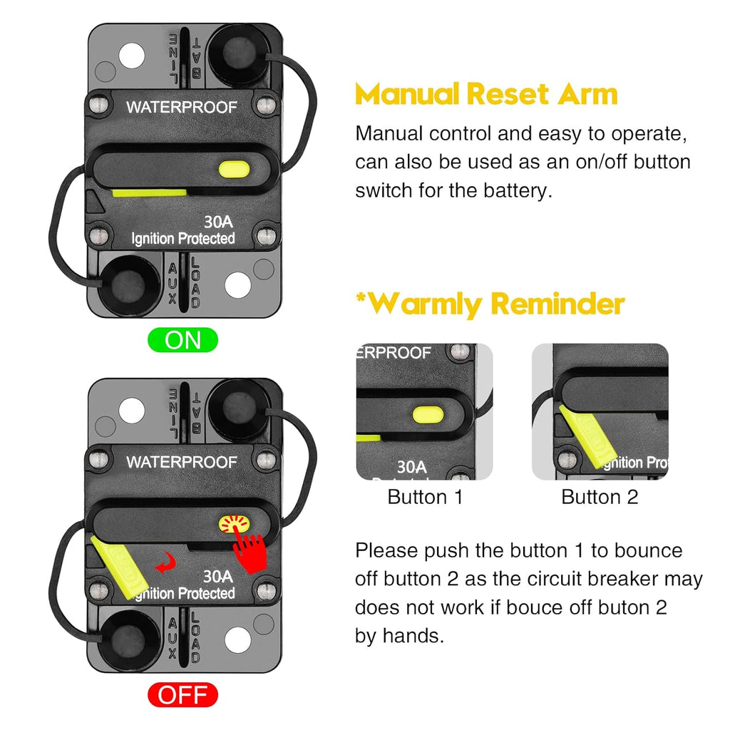 30 Amp Circuit Breaker, Inline Fuse Inverter with Manual Reset, 12V-48V DC Water Proof, Surface Mount-30A, Pack of 2 E778