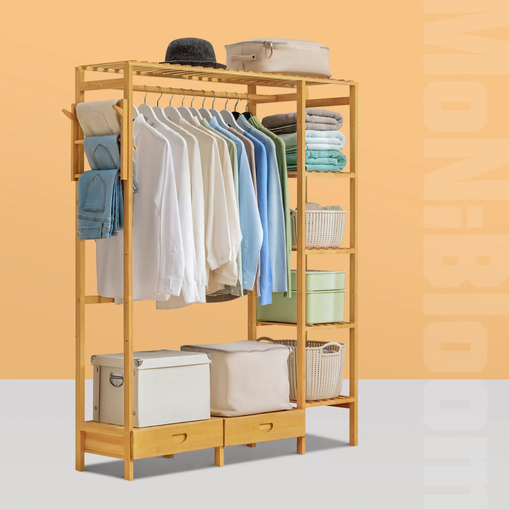 Bamboo 2 Drawers Coat Pants Rack Wardrobe V2788