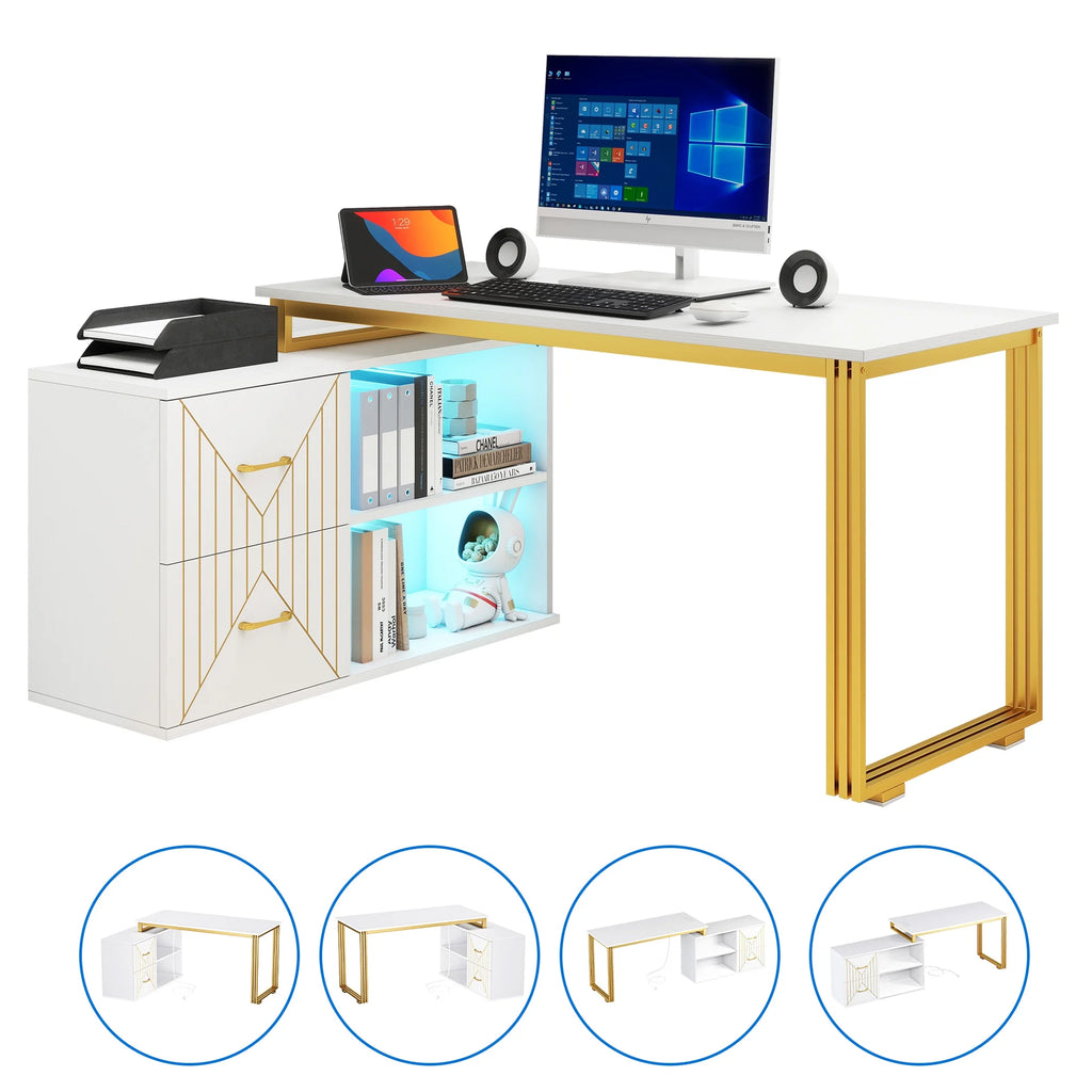 White 55 Inch L Shaped Corner Desk with Drawers and Storage Shelves T977199