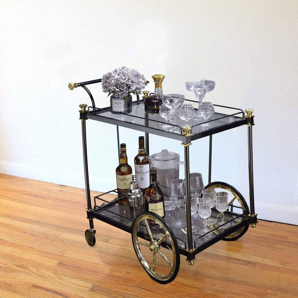 Metal Framed Serving Cart with Glass Shelves Black and Gold U7002