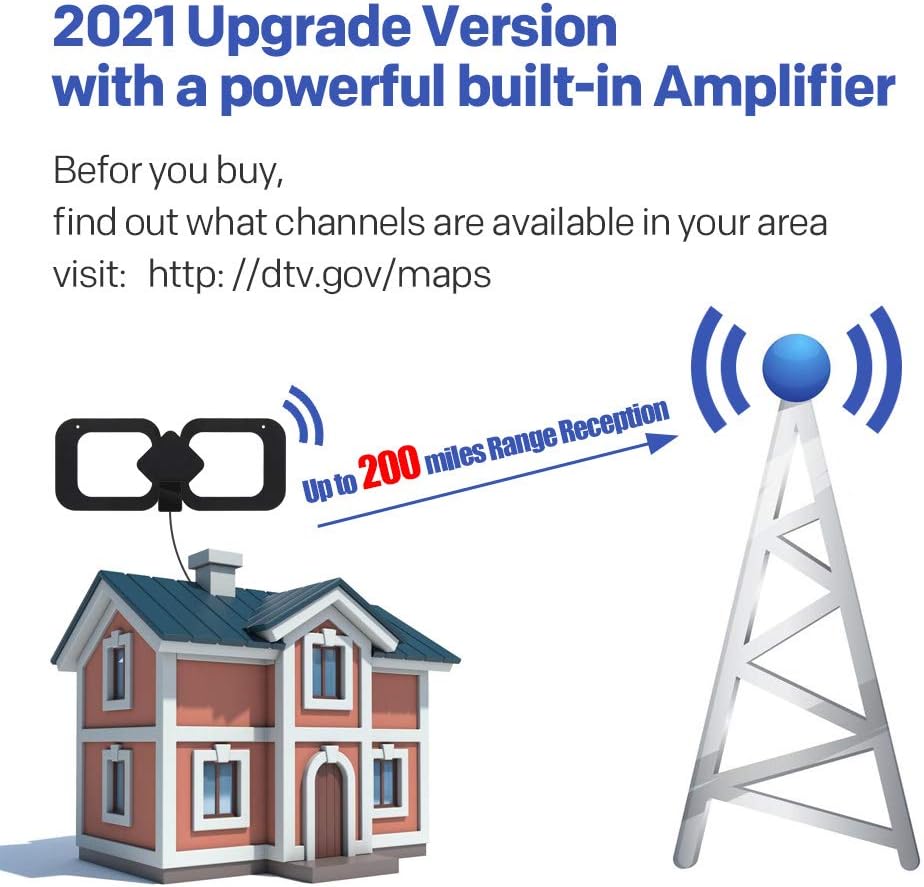 Indoor HDTV Antenna with Amplifier Signal Booster, 4K 1080p, 13.3ft Coax Cable, Pack of 2 T381648