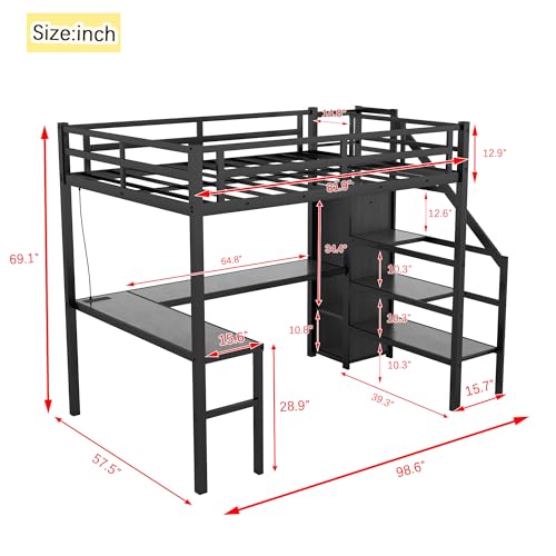 Full XL Size Black Metal Loft Bed with L-Shaped Desk and Stairs P58160