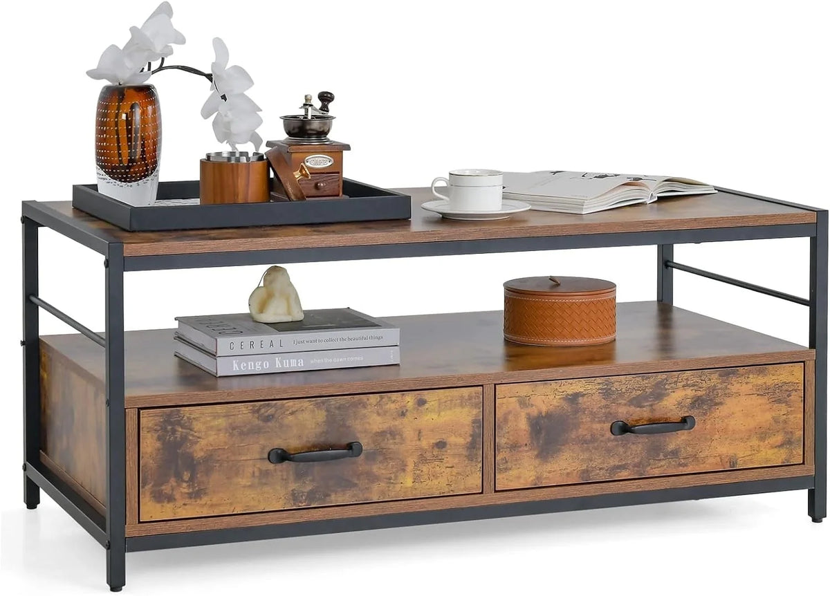 Coffee Table with Storage, Industrial Rectangular Cocktail Table, Metal Frame Wooden Accent Table C319800