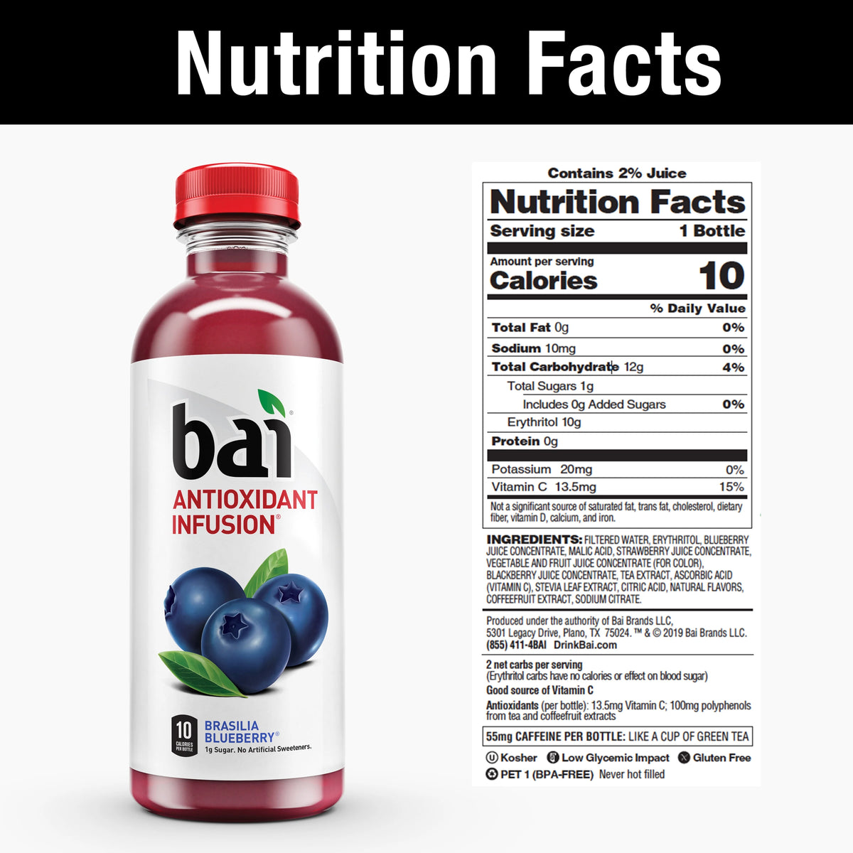 Gluten-Free Brasilia Blueberry Antioxidant Drink, 18 Fl Oz, 12 Pack Bottles P994819
