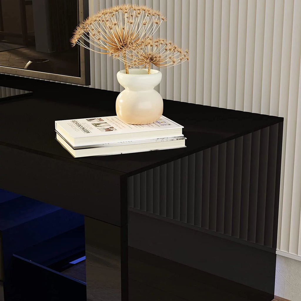 Black LED Light TV Stand with Drawer and Glass Shelf O591