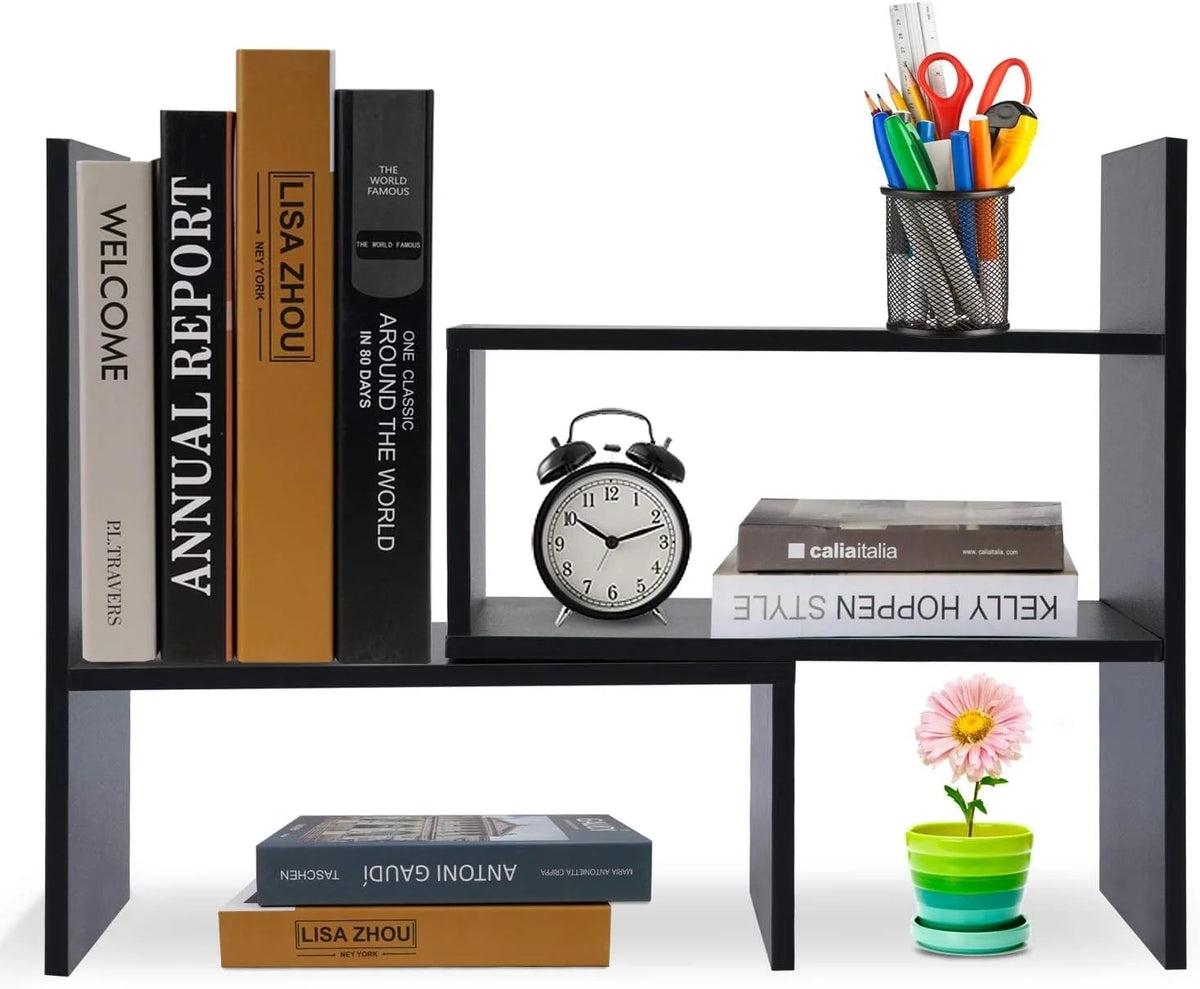 Wood Adjustable Desktop Storage Organizer Shelf Rack, Black S8187