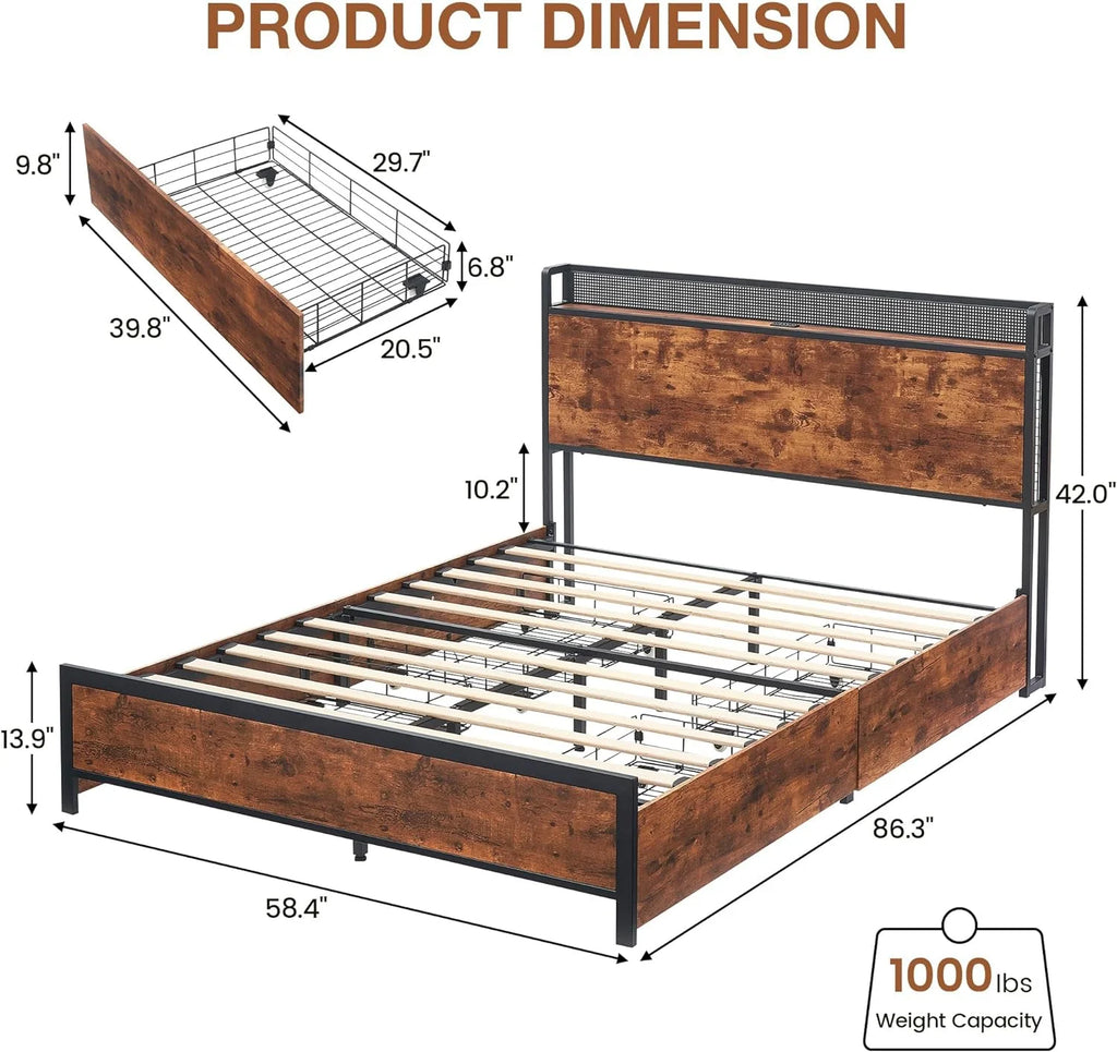 Queen Bed Frame with Storage Drawers and Charging Station U252510