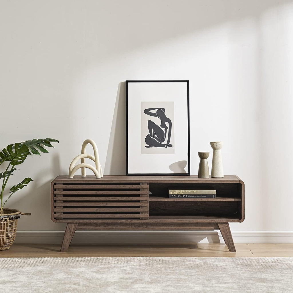 Scandinavian TV Stand with Slatted Door A256