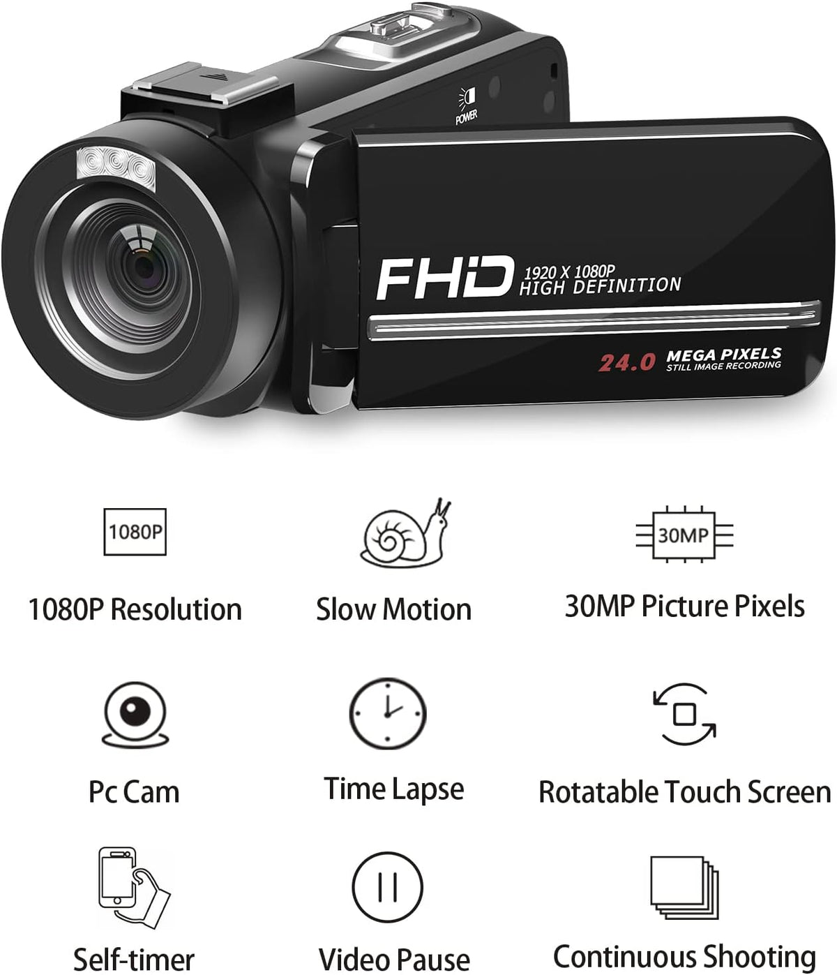 1080P 30MP Vlogging Camera Camcorder with External Microphone, Mini Tripod, 2 Batteries and 32GB SD Card I291130
