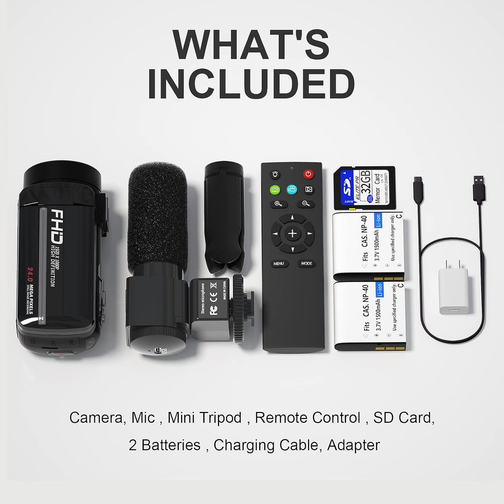 1080P 30MP Vlogging Camera Camcorder with External Microphone, Mini Tripod, 2 Batteries and 32GB SD Card I291130