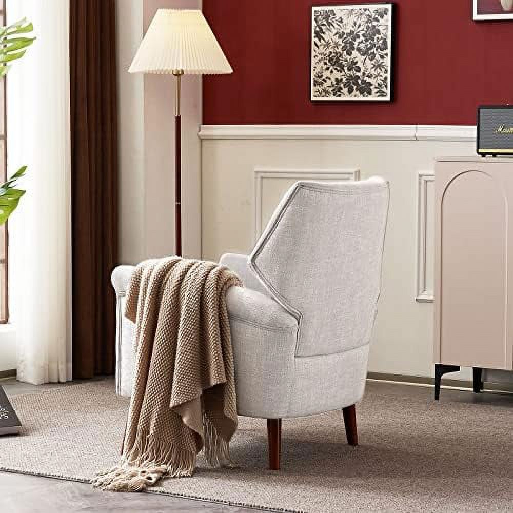 Chenille-Black&White Upholstered Fabric Armchair with Wood Legs O543118