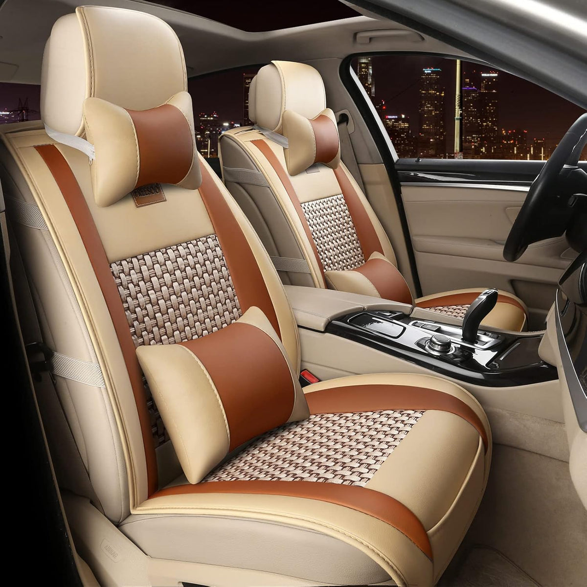 Khaki Black 2PCS Leather Car Seat Cover D417603