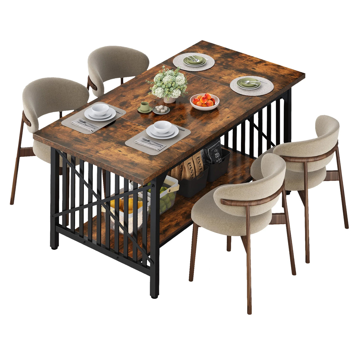 Rustic Brown Industrial Rectangular Wood Dining Table with Storage J5320