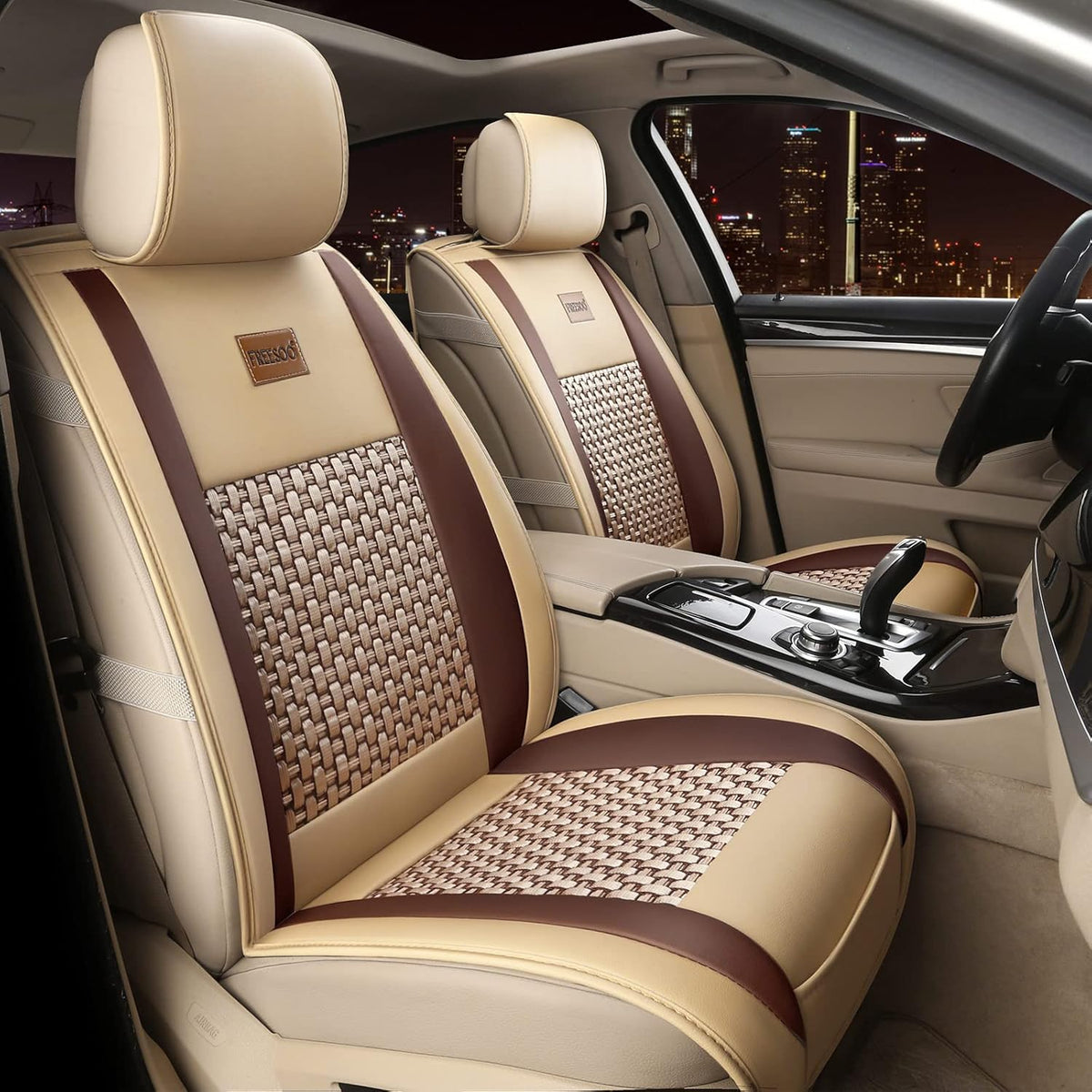 Khaki Black 2PCS Leather Car Seat Cover D417603