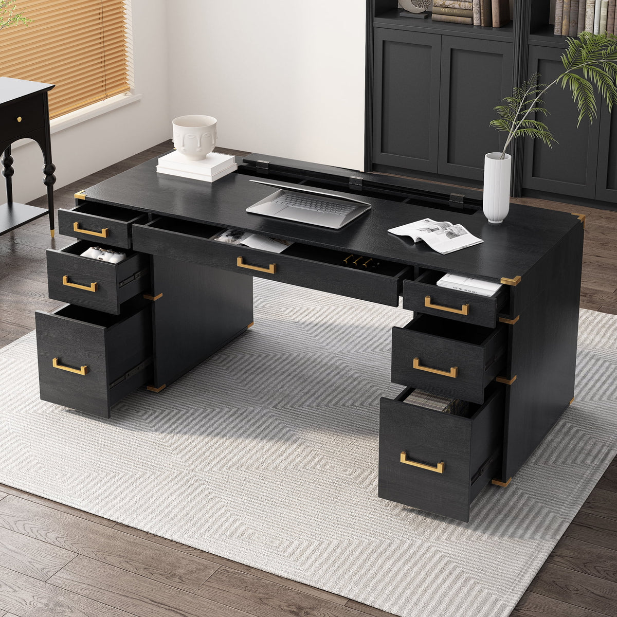 Black Executive Desk with 2 File Drawers A257