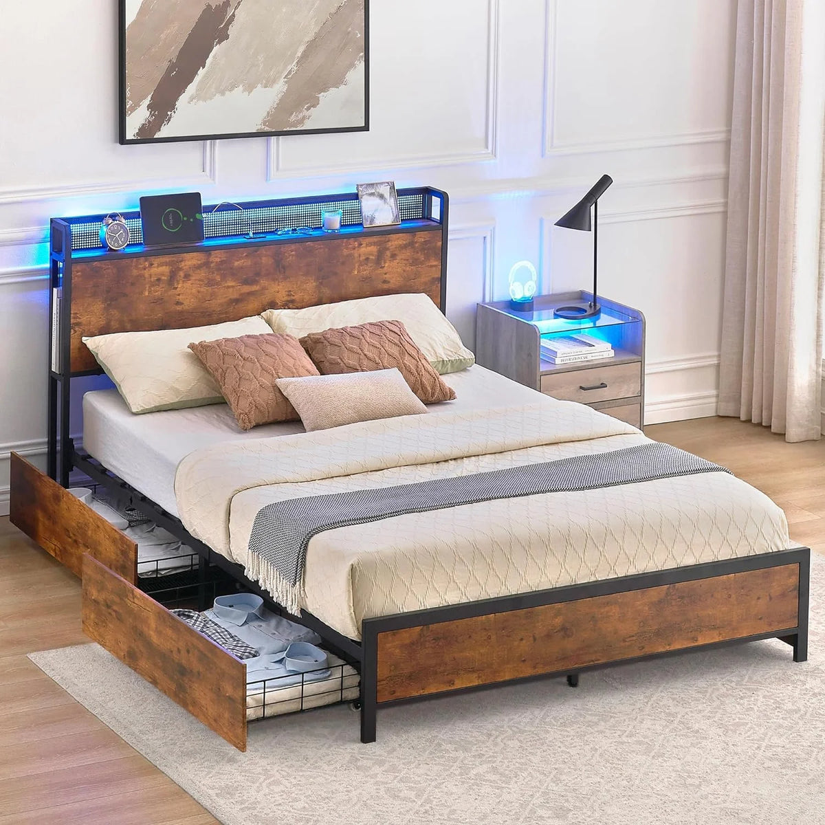 Queen Bed Frame with Storage Drawers and Charging Station U252510