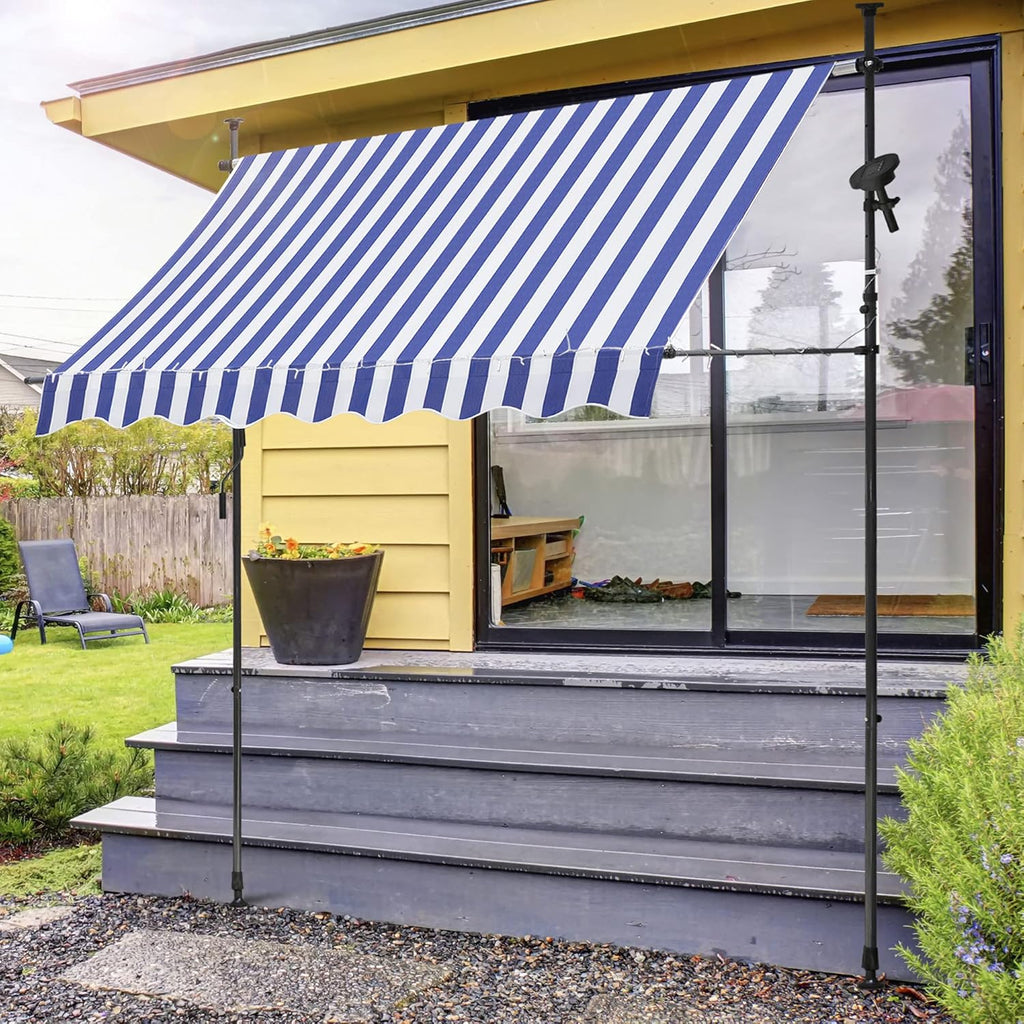 Blue and White Manual Retractable Outdoor Patio Awning with LED Light U5125