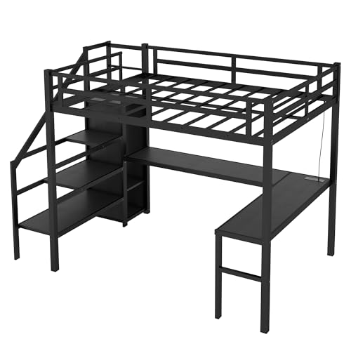 Full XL Size Black Metal Loft Bed with L-Shaped Desk and Stairs P58160