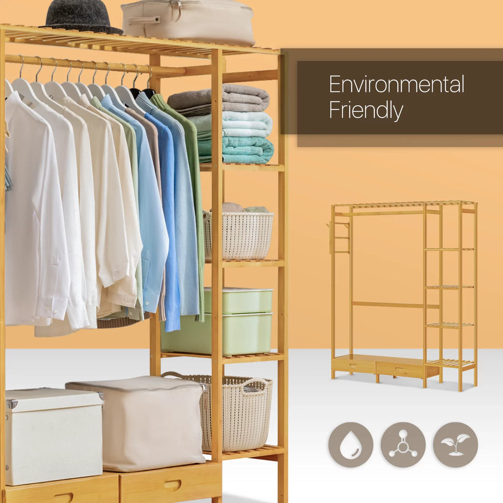Bamboo 2 Drawers Coat Pants Rack Wardrobe V2788