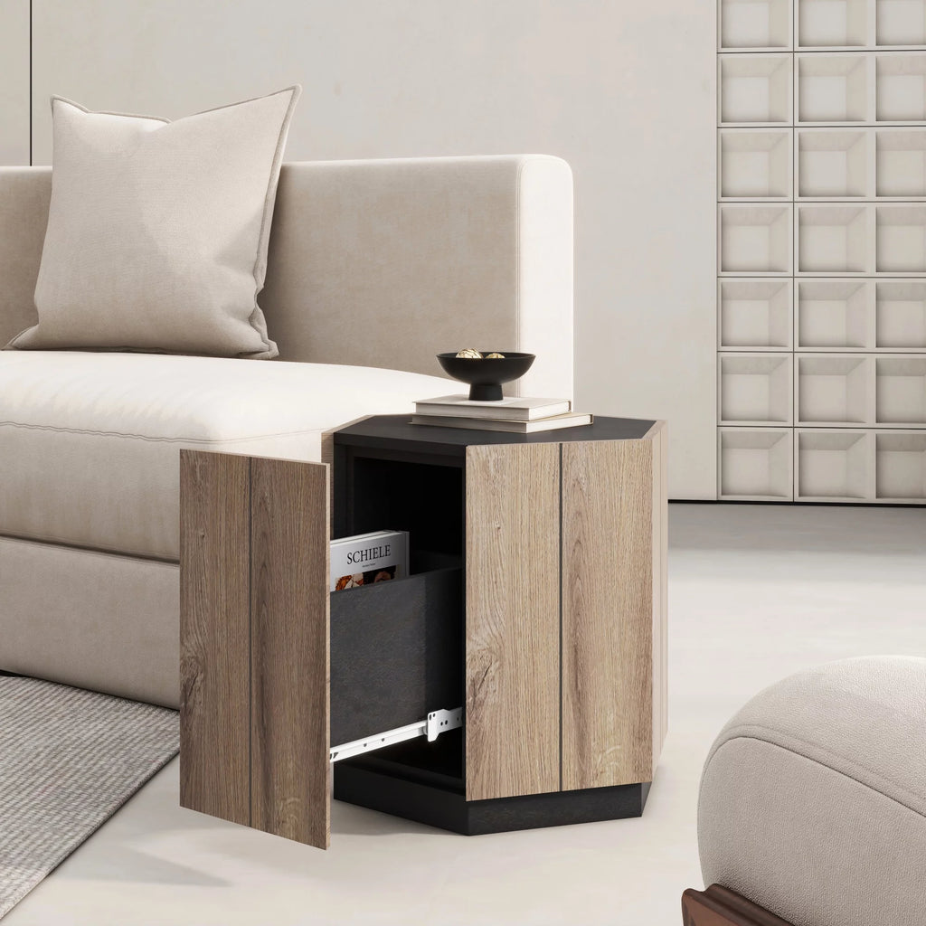 Textured Black Warm Oak Corner Table with Drawer R365