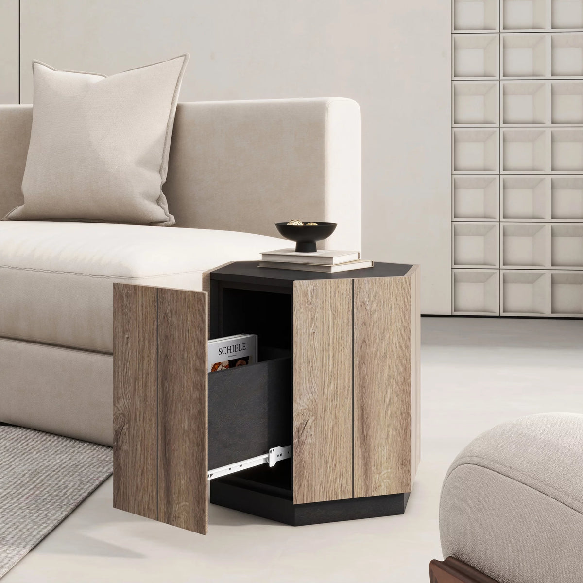 Textured Black Warm Oak Corner Table with Drawer R365